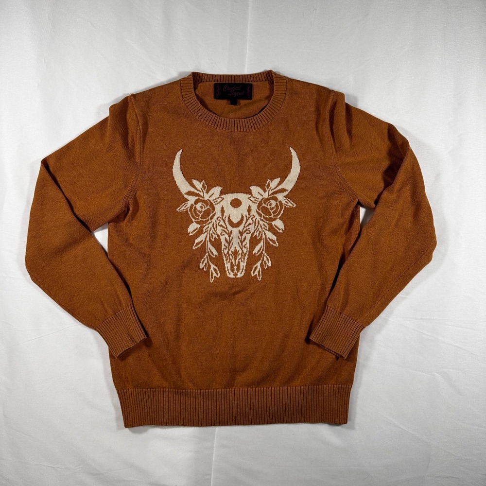 Cowgirl Legend Women's Brown Bull Skull Floral Long Sleeve Knit Sweater S